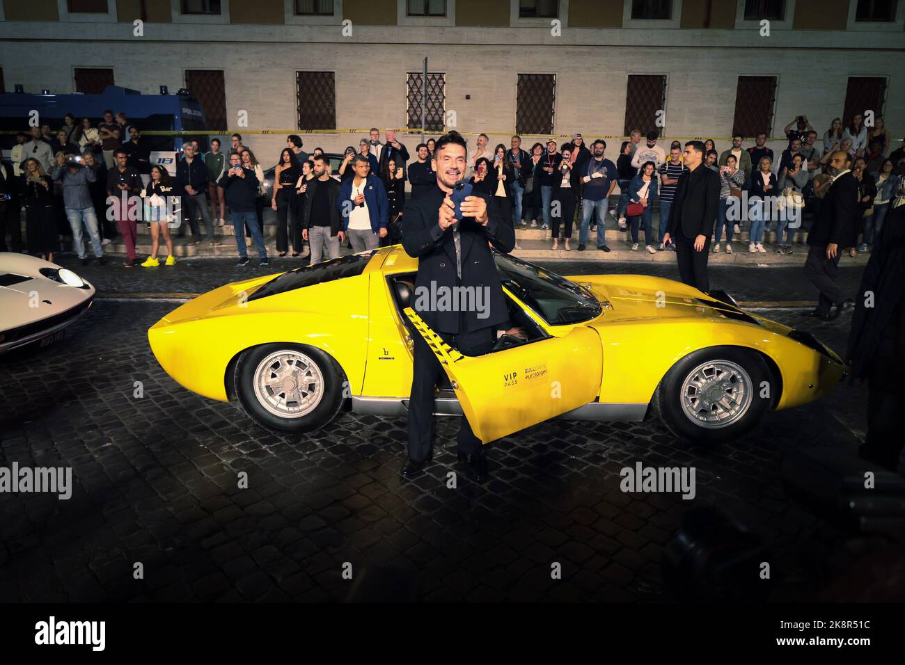 ROME, ITALY - OCTOBER 23: Frank Grillo aboard a Lamborghini super car  participates in the red carpet for Lamborghini - The man behind the legend  during the 17th Rome Film Festival. (Photo