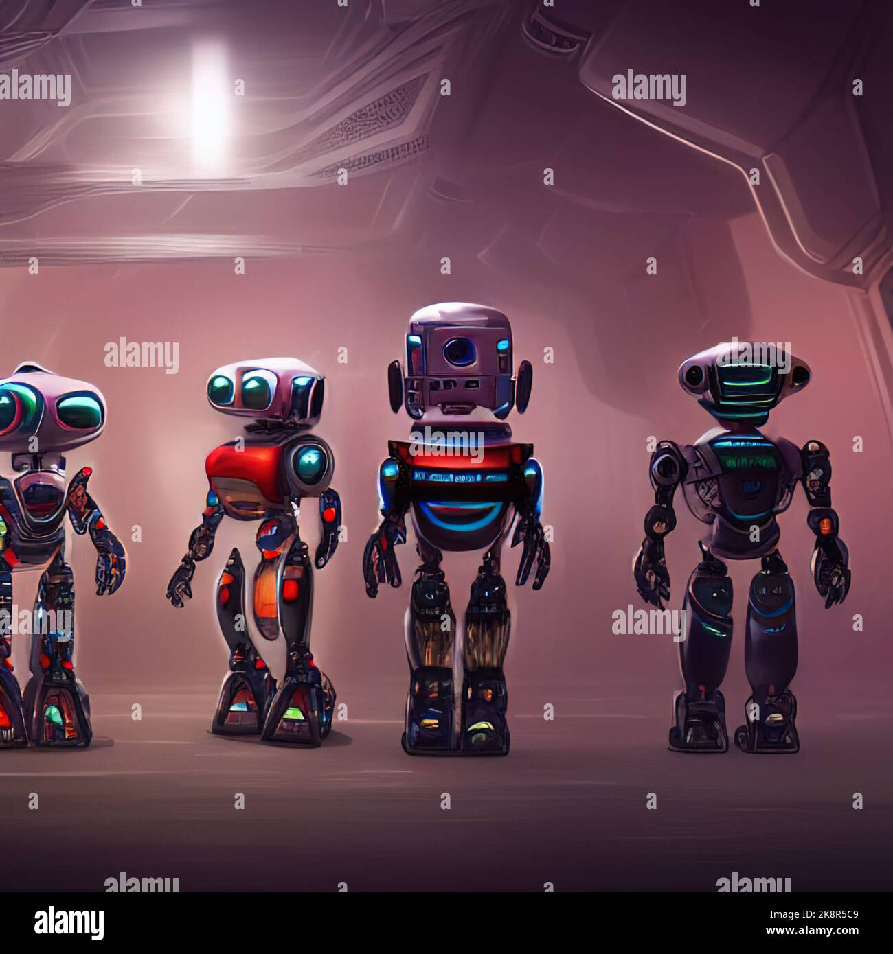An illustration of four different types of robots on a metal surface