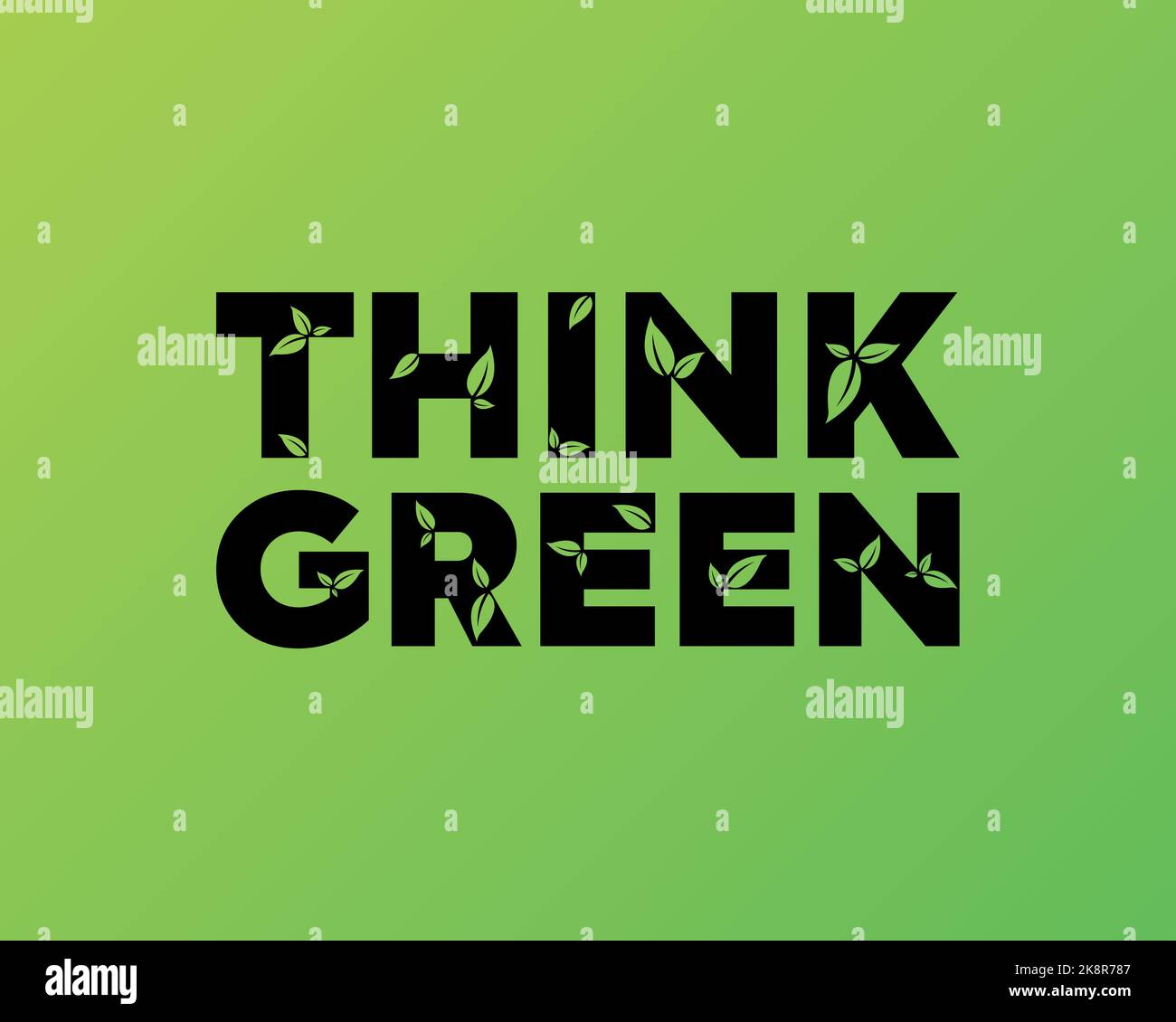 Think Green. Text with leaves. Vector illustration. Stock Vector