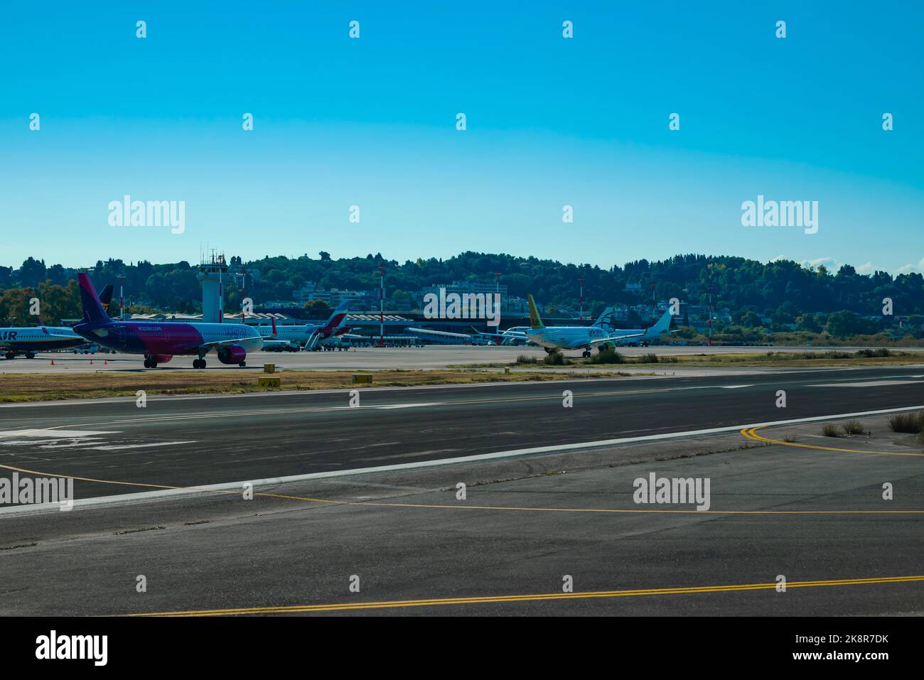 Kerkyra, Greece - 09222022:WIZZ AIR Plane Preparing for Takeoff at Corfu Airport Stock Photo