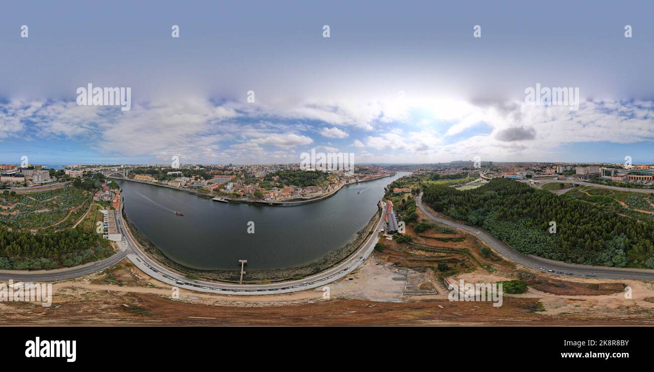 360-degree of Porto city, bridge and river Douro aerial view Stock Photo