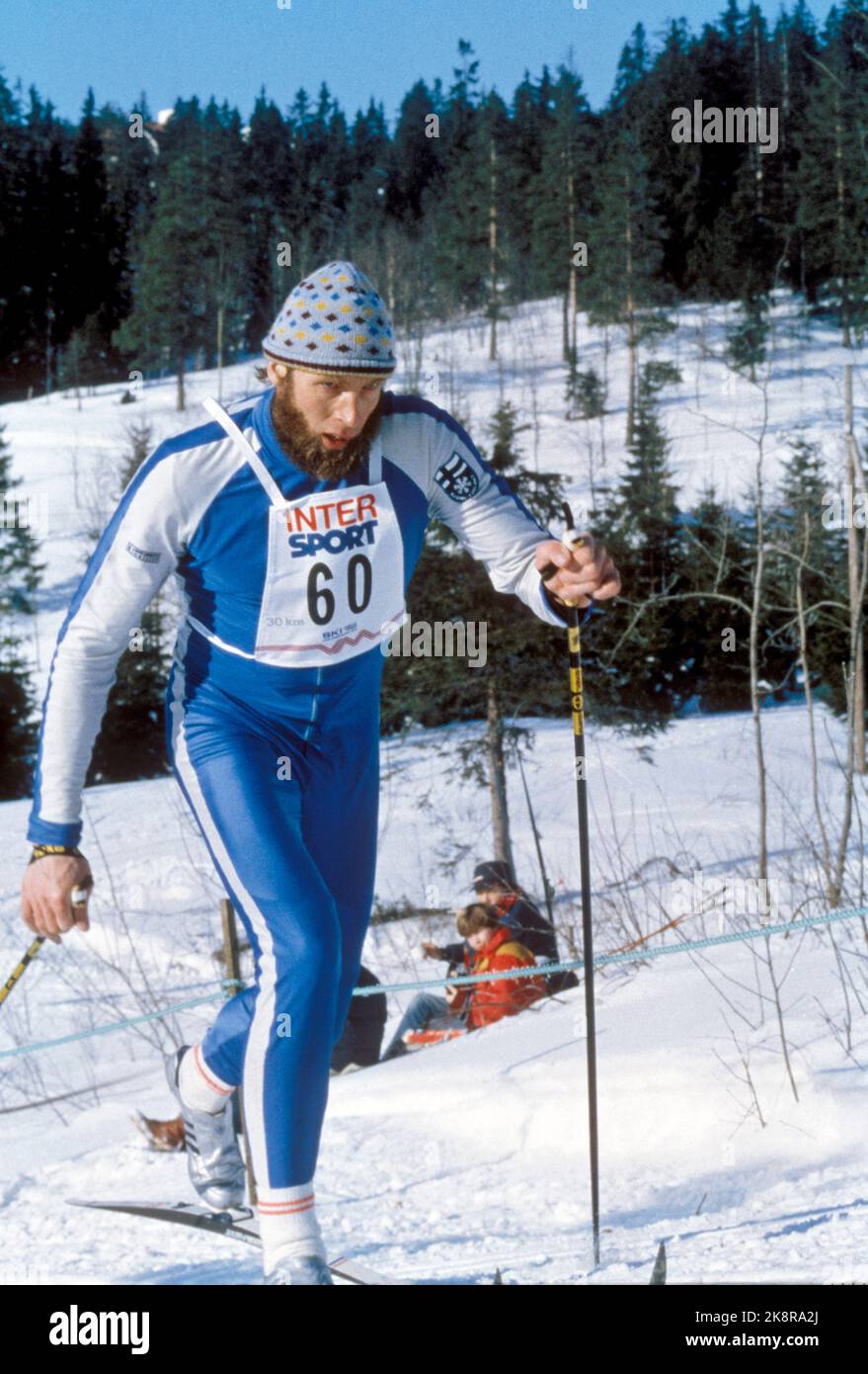 Oslo 19820220:  Ski World Cup 1982. 30km, men. Juha Mieto (fine) in action during the men's 3-mile, February 20, 1982. Photo: Erik Thorberg / NTB / NTB Stock Photo