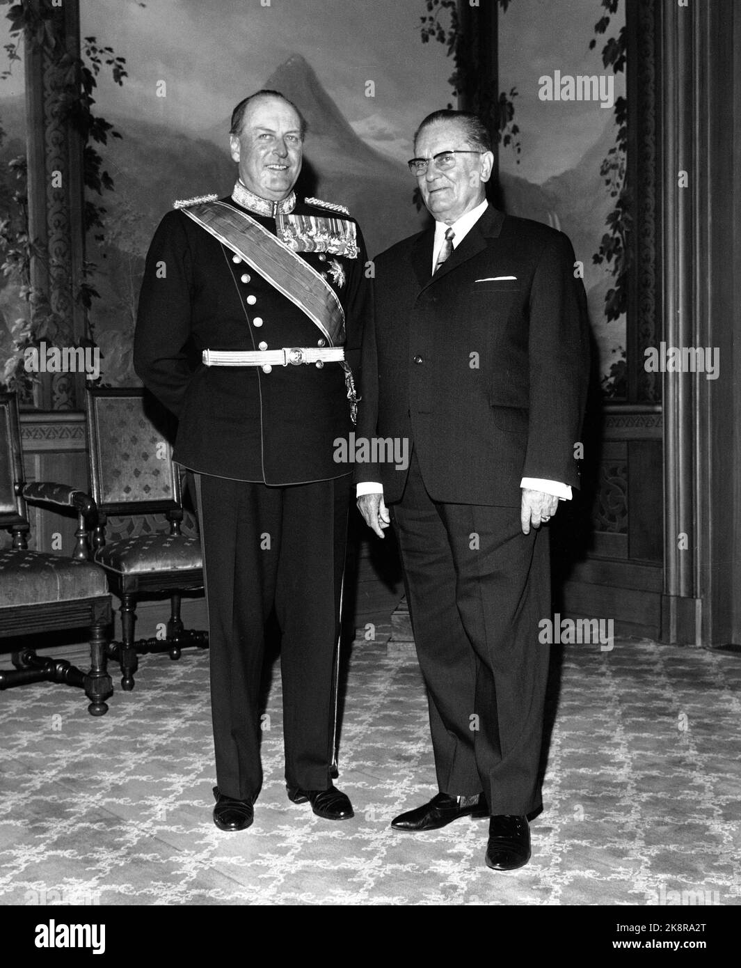 Oslo 19650510 Yugoslavia President Josip Broz Tito on official visit / state visit to Norway. Official photography in the birdworks at the castle. From V: King Olav, and Josip Broz Tito. Photo: Laurvik / NTB / NTB Stock Photo