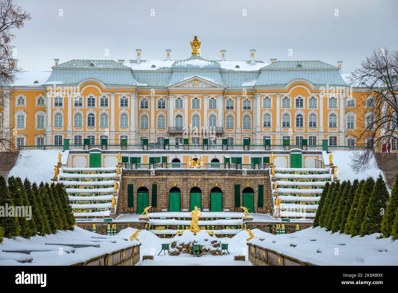 PETERHOF, RUSSIA - FEBRUARY 12, 2022: The Grand Palace and the Samson Fountain Stock Photo