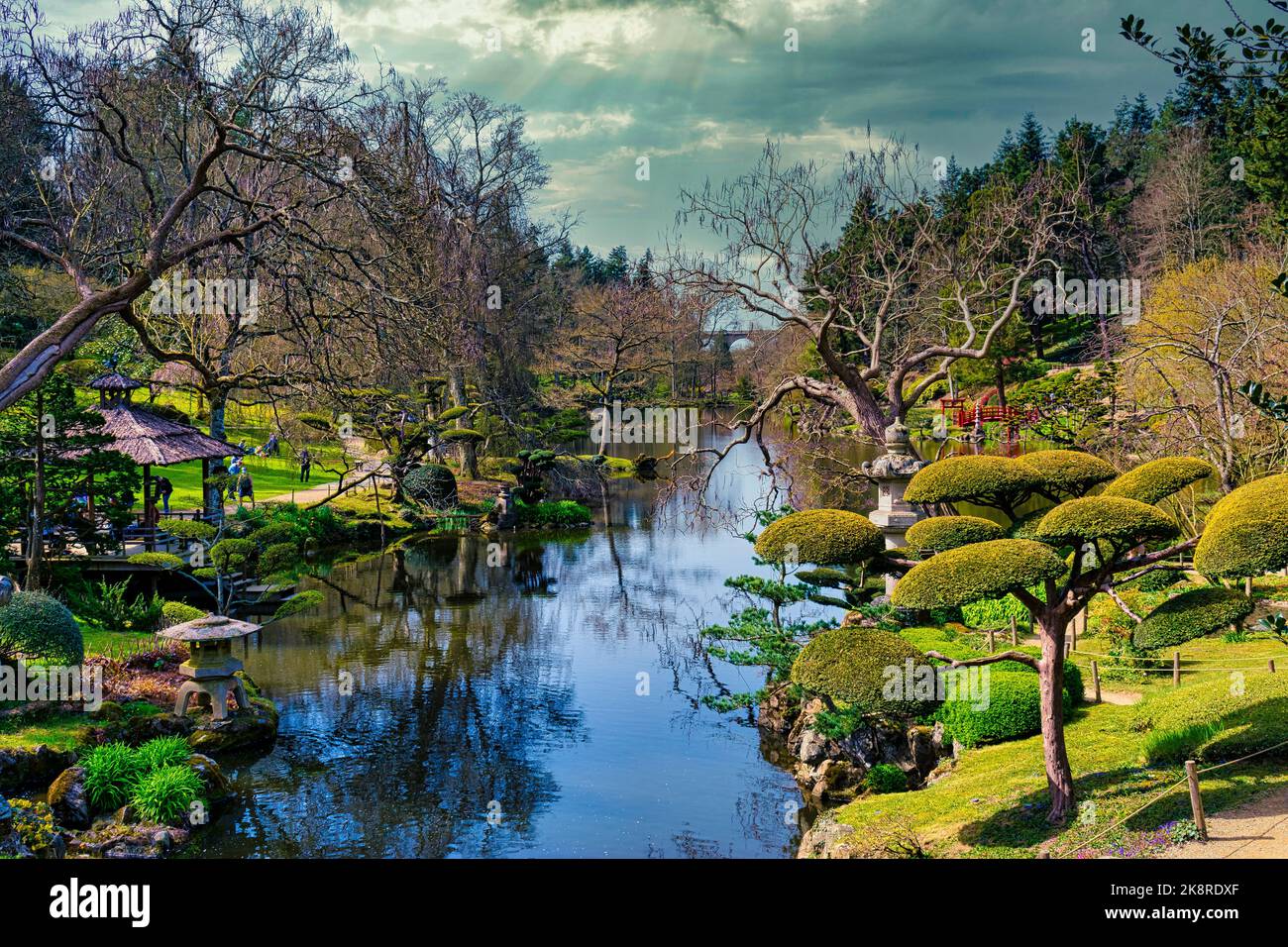 A cloudy sky reflecting on natural pond with trees at the Botanical garden in Maulevrier, France Stock Photo