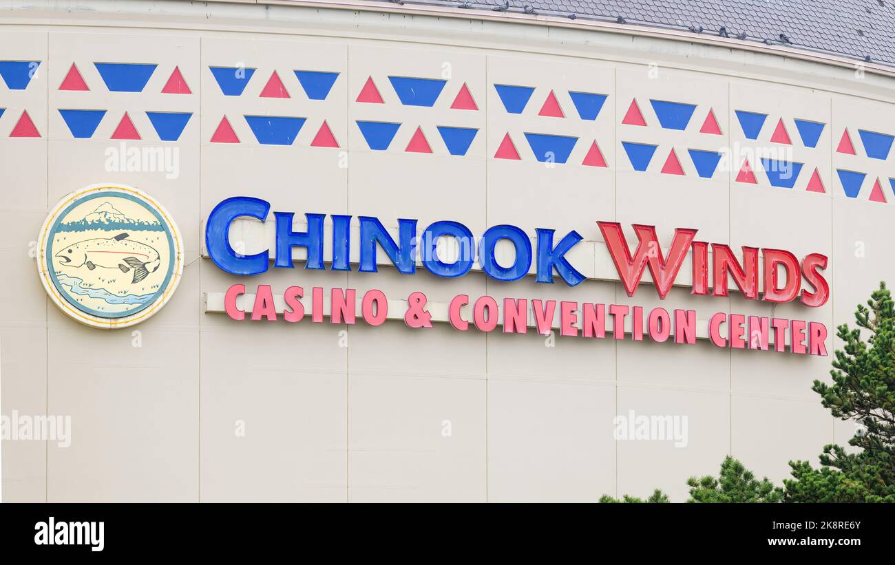 Lincoln City, OR, USA - September 15, 2022; Sign on Chinook Winds Casino and Convention Center in Lincoln City Oregon with logo and design pattern Stock Photo