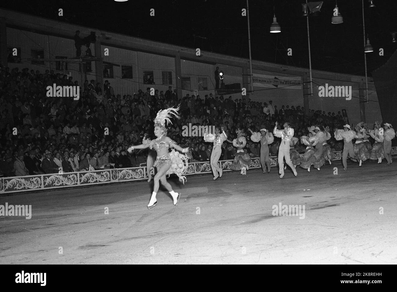 Oslo 19530821 Art Runner Sonja Henie in Oslo with her big ice show. For the first time after the war, Sonja Henie was to perform for a Norwegian audience. Here in action during the opening show at Jordal Amfi. Jordal, (still an open-air track) was iced in the middle of summer. The show had 33 performances, all with full houses. Photo: Høel / NTB / NTB Stock Photo