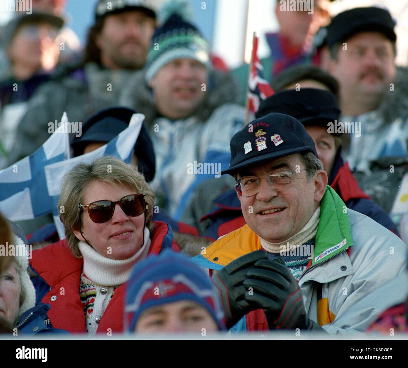 Lillehammer 19940221 Winter Olympics at Lillehammer. Relay, women 4 x 5 km. Royal at Birkebeiner Stadium. Here ex-king Constantine and ex-queen Anne Marie of Greece. Norway came in second place behind Russia and in front of Italy. Photo: Gorm Kallestad / NTB Stock Photo