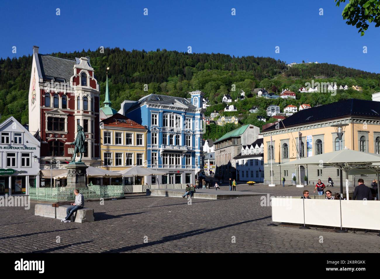 The Ludvig Holberg statue and the historical houses of Bergen, Norway