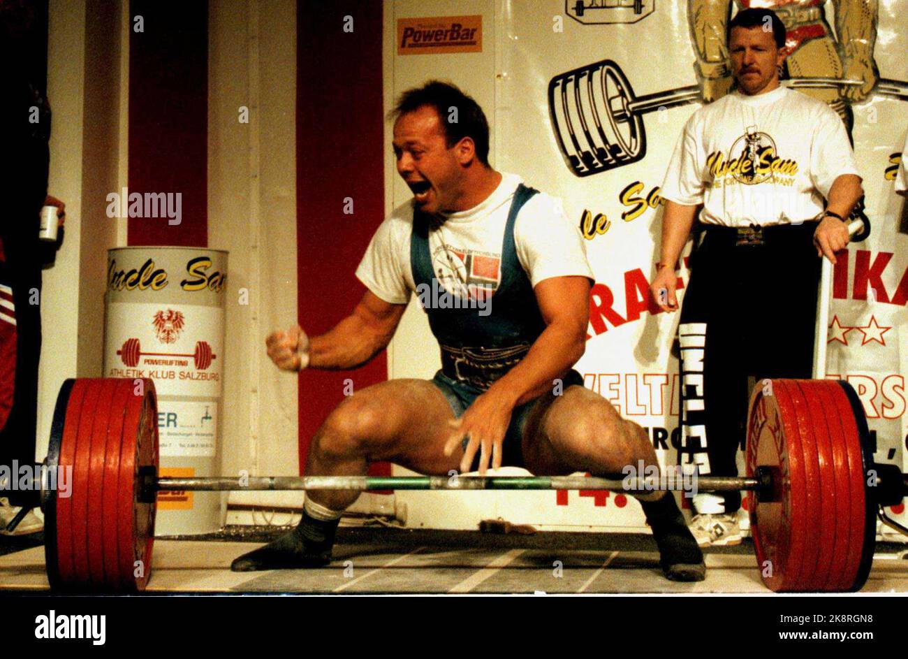 Salzburg, Austria 19961117: Erik Stiklestad cheers after set personal record and silver in ground lift with 322.5 kg. During the World Cup in Salsburg this weekend. Photo: Calle Törnström / NTB / NTB Stock Photo