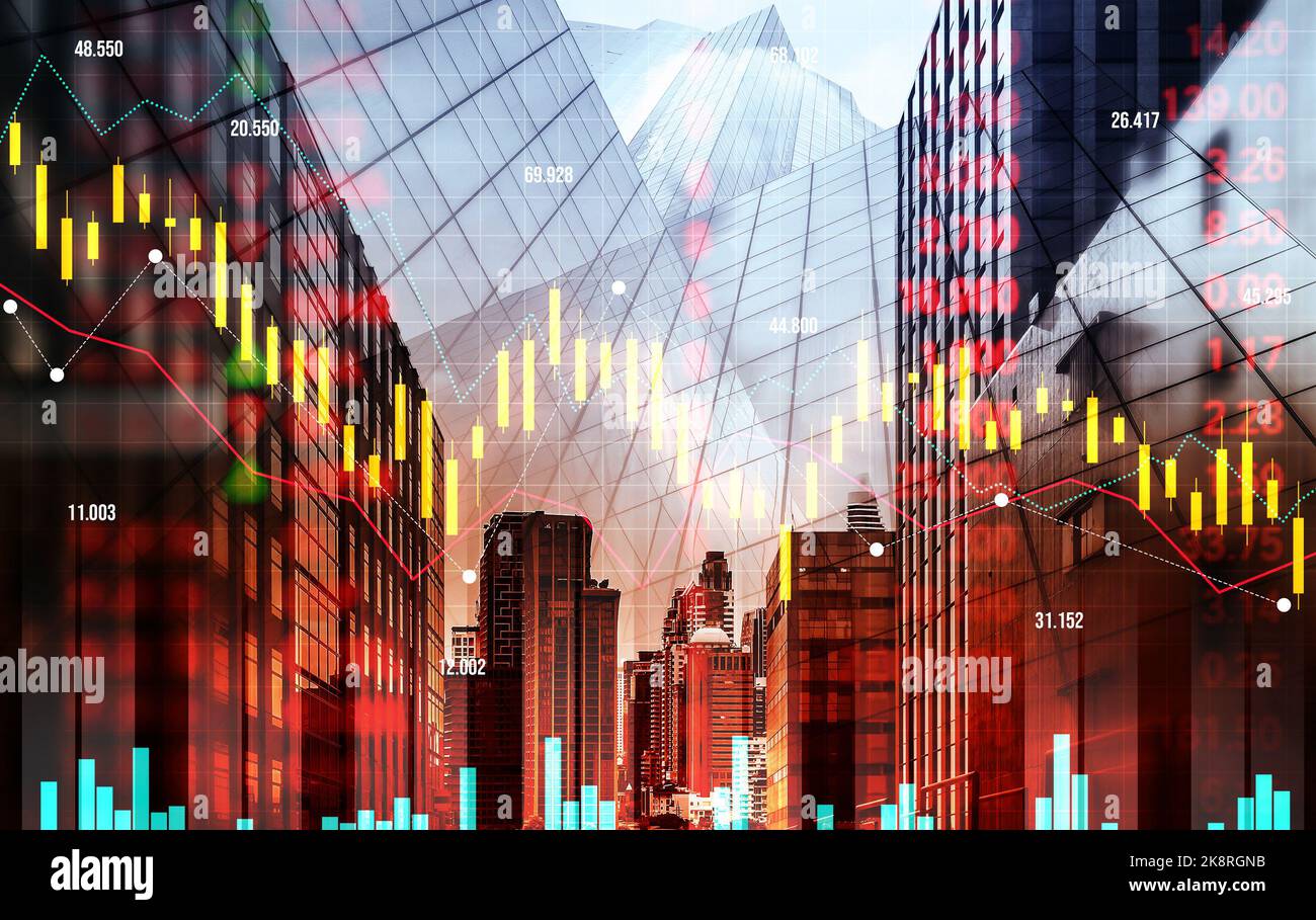 The digital indicators and declining graphs of a stock market crash