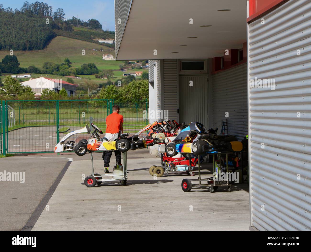 Children's Racing Gokarts on trolleys being prepared for lessons at the Fernando Alonso Karting