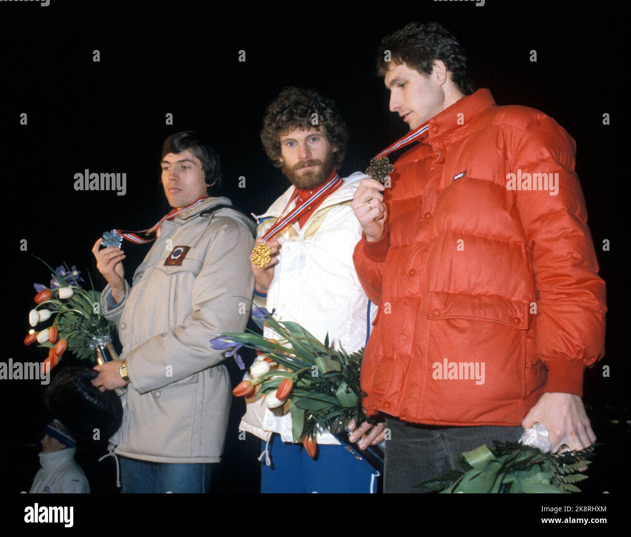 Oslo 198202 World Cup at Ski Oslo 1982. 50km cross country, men. Prize giving and victory ceremony. Winner Thomas Wassberg (Sve) flanked by Jurij Burlakov (silver) and Lars Erik Eriksen (bronze), February 27, 1982. Photo: Erik Thorberg / NTB / NTB Stock Photo