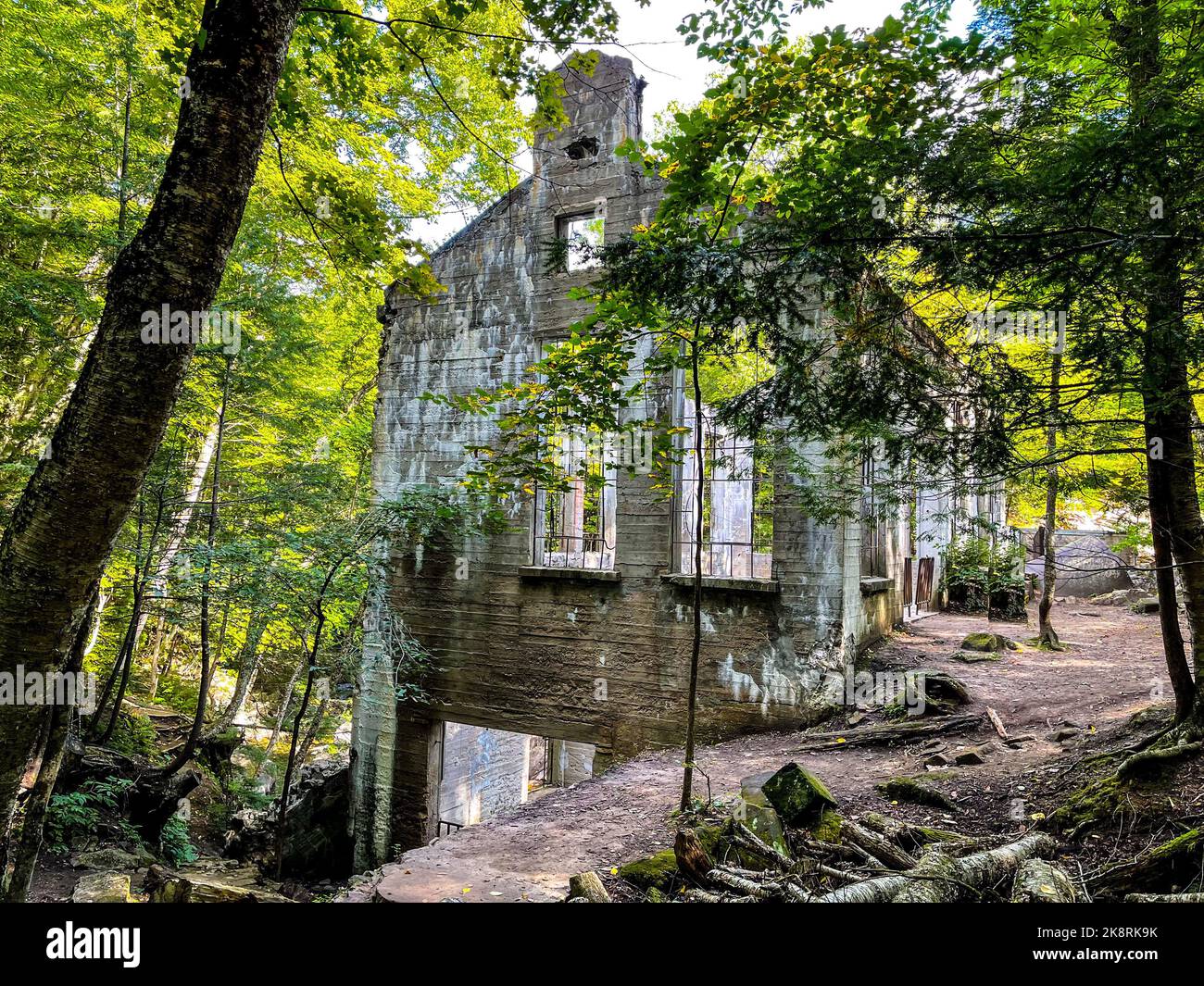 A scenic view of the Carbide Willson Ruins found in a forest Stock Photo