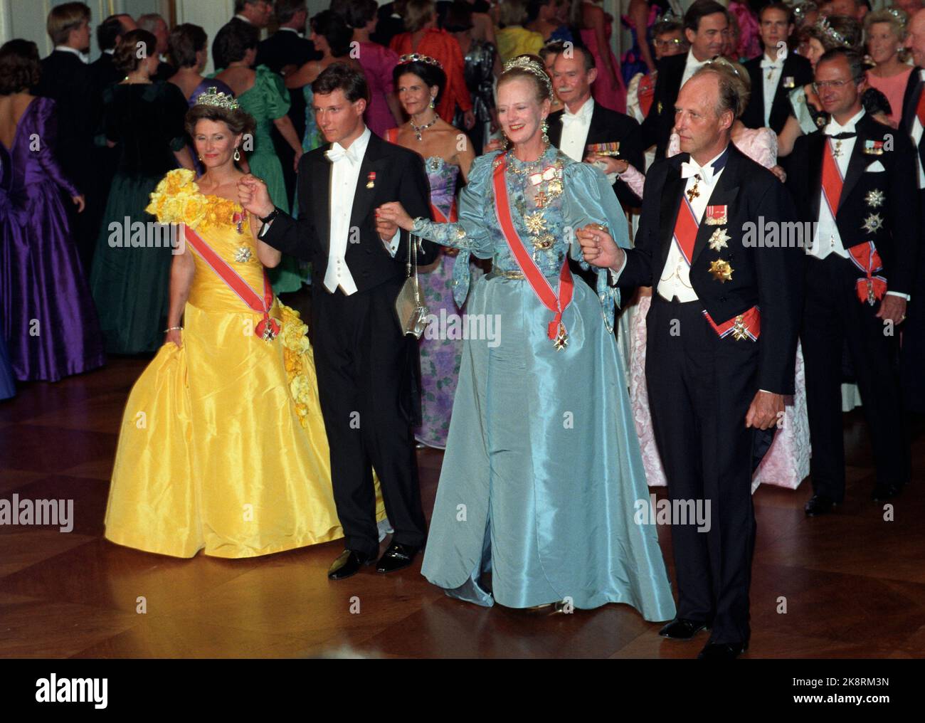 Oslo 19910719 Crown Prince Haakon turns 18, and the day before the day of authority is a gala dinner and ball at the castle. Polonese in the Ball Hall, f.v. Queen Sonja, Crown Prince Haakon, Queen Margrethe and King Harald. NTB Stock Photo: Morten Hvaal / NTB Stock Photo
