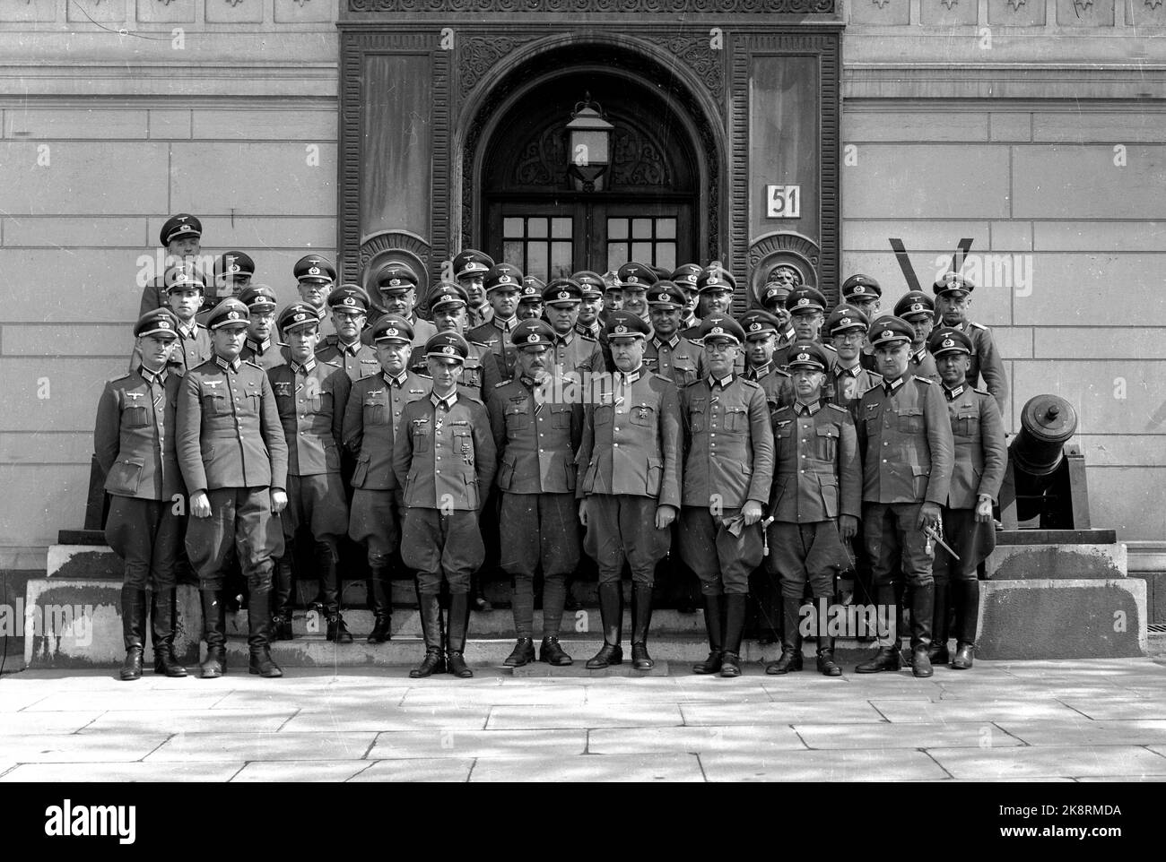 Oslo May 1942. General Valentin Feurstein with his staff on the stairs to the Oslo Military Society at Akershus Fortress. Photo: Aage Kihle / NTB Stock Photo