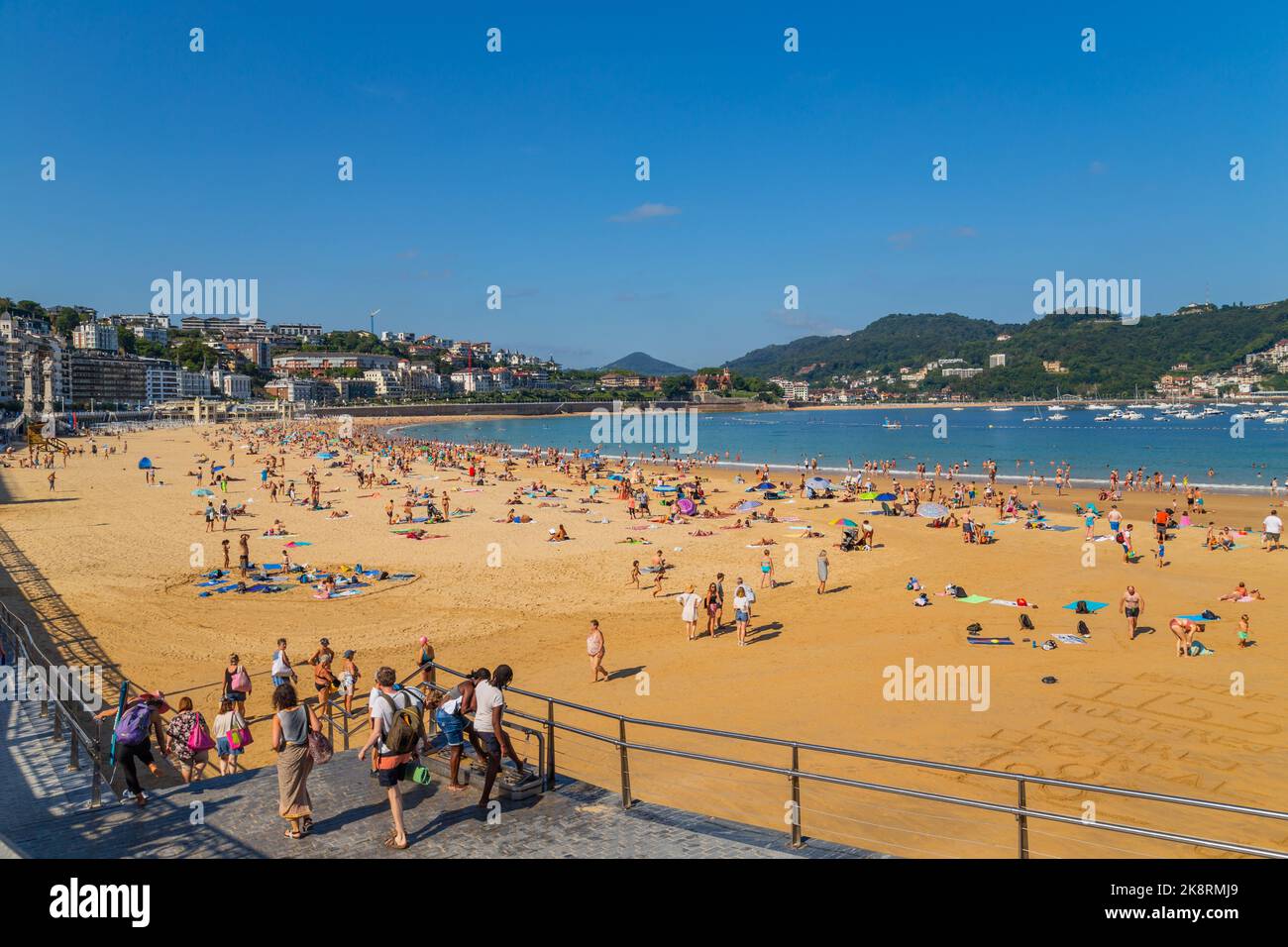 San Sebastian, Basque Country, Spain: August, 20, 2022: Landscape of La Concha beach in the city of San Sebastian, in the Spanish Basque Country Stock Photo