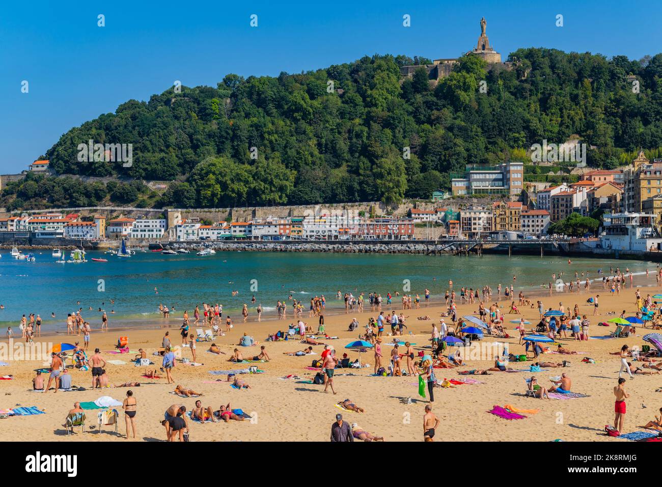 San Sebastian, Basque Country, Spain: August, 20, 2022: Landscape of La Concha beach in the city of San Sebastian, in the Spanish Basque Country Stock Photo
