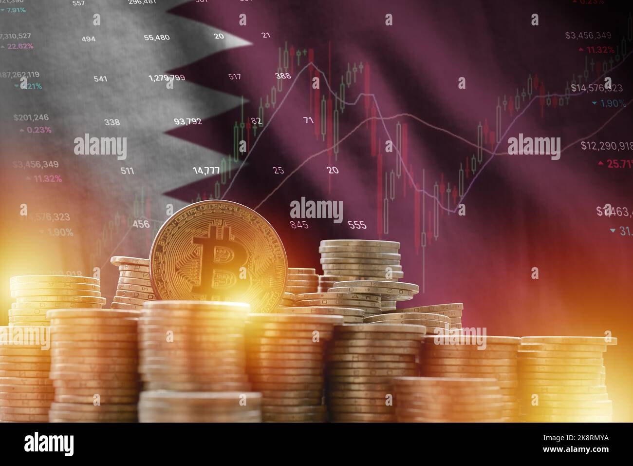 Qatar flag and big amount of golden bitcoin coins and trading platform  chart. Crypto currency concept Stock Photo - Alamy