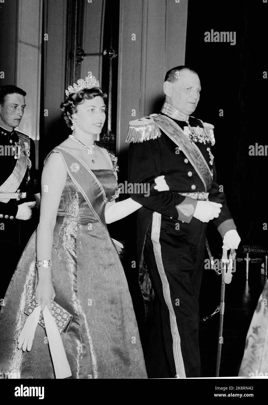 Oslo 19600211. Queen Ingrid and King Frederik of Denmark on an official visit to Norway. Here Princess Astrid and King Frederik on their way to the gala dinner at the castle. Photo: NTB Archive / NTB Stock Photo