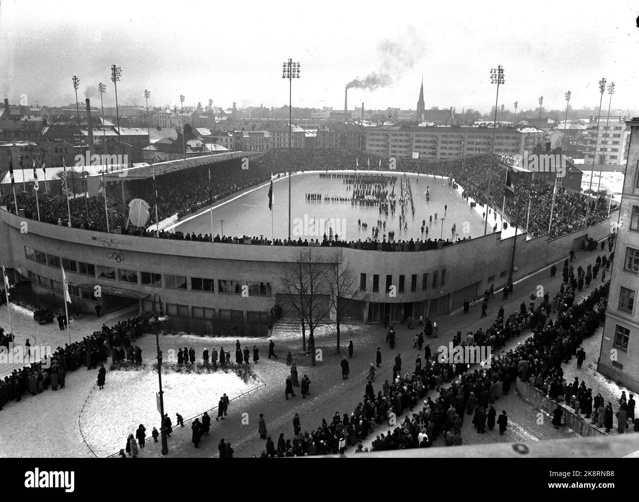 Oslo 19520215 The Olympic Winter Games in Oslo: Overview image from Bislett Stadium during the opening ceremony. The opening of the 6th Olympic Games. Photo: Current / NTB Stock Photo