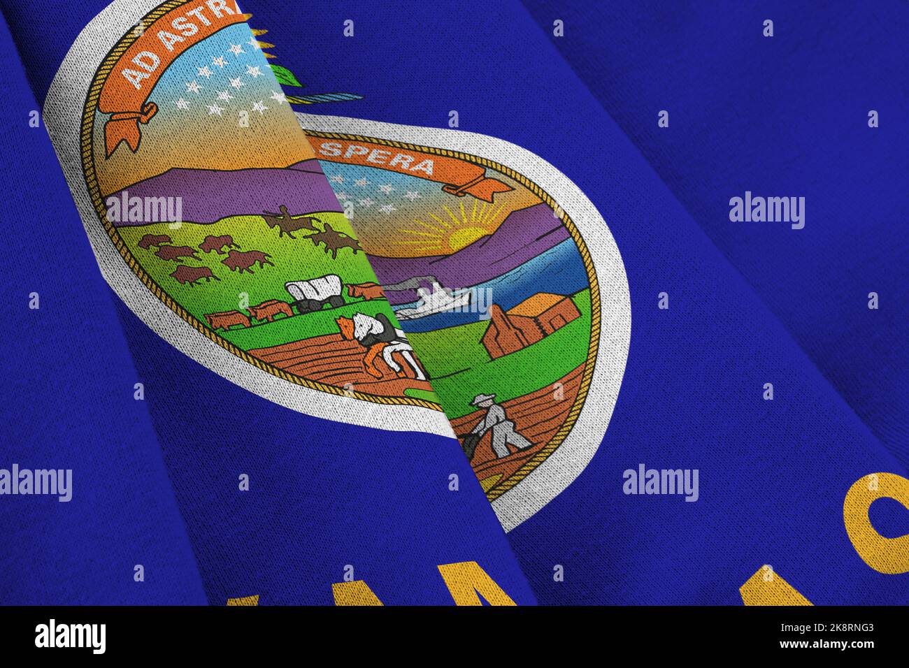 Kansas US state flag with big folds waving close up under the studio