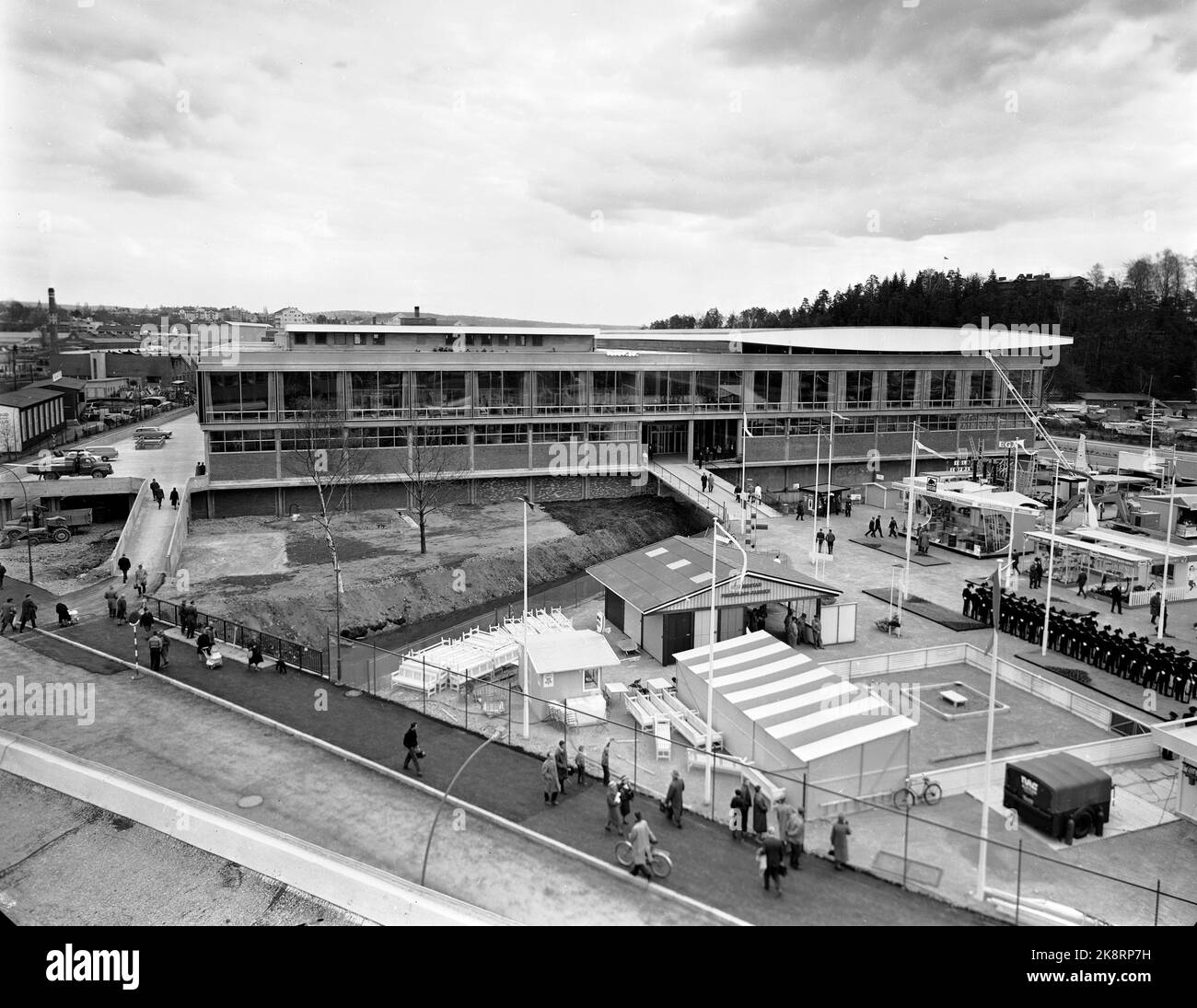 Oslo 19620503 Norges Varemesses' new building on Sjølyst opens. Overview picture from opening day, where i.a. King Olav was present. Garden can be set up by the pavilion which served as an arena for the opening ceremony. Photo NTB / NTB Stock Photo