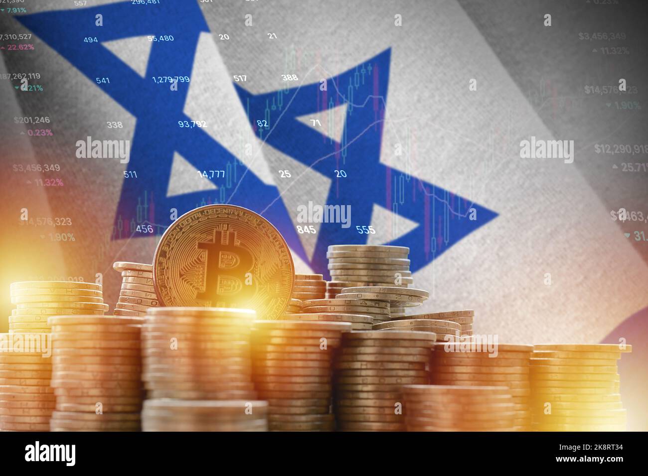 Israel flag and big amount of golden bitcoin coins and trading platform chart. Crypto currency concept Stock Photo