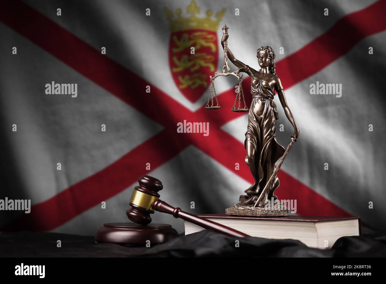 Jersey flag with statue of lady justice, constitution and judge hammer