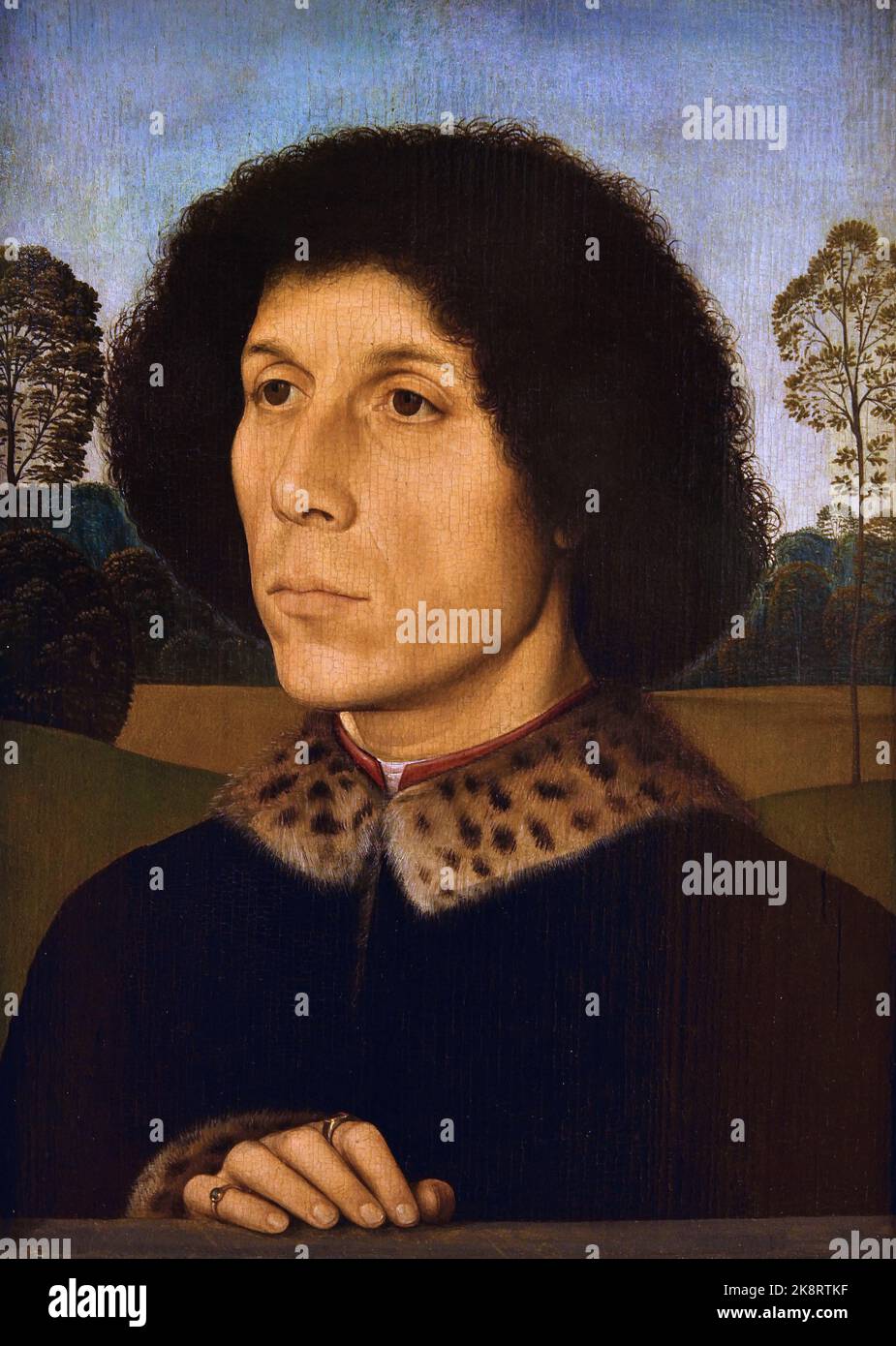 Portrait of a Man 1490 Hans Memling - Memlinc ( 1430 – 1494) was a German painter Germany Hans Memling (c. 1430–1494) was a German-Flemish painter of the Early Netherlandish tradition, known for his religious works and groundbreaking portraits of the emerging merchant class, which brought his international reputation and influence to Italy. He was a successful artist who was among the wealthiest citizens in the city of Bruges at his death Stock Photo