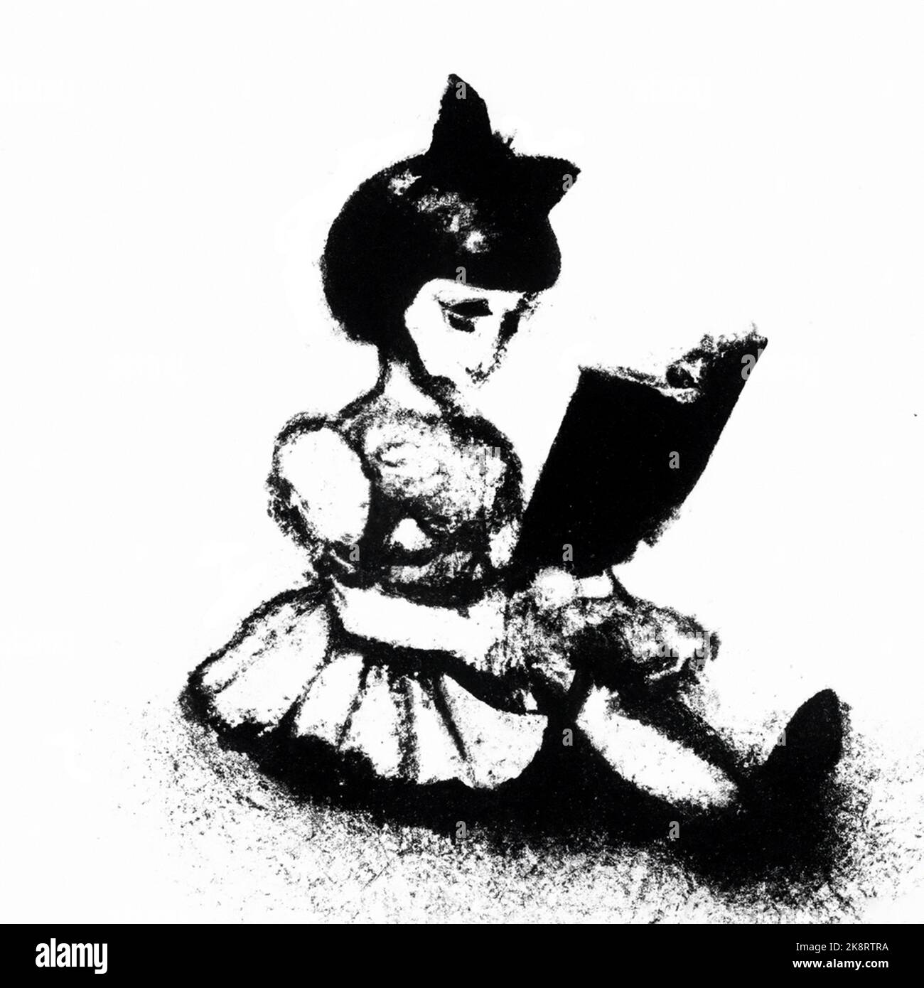 Young girl sitting with a large book, reading. Bow in her hair, black and white hand drawn illustration. Stock Photo