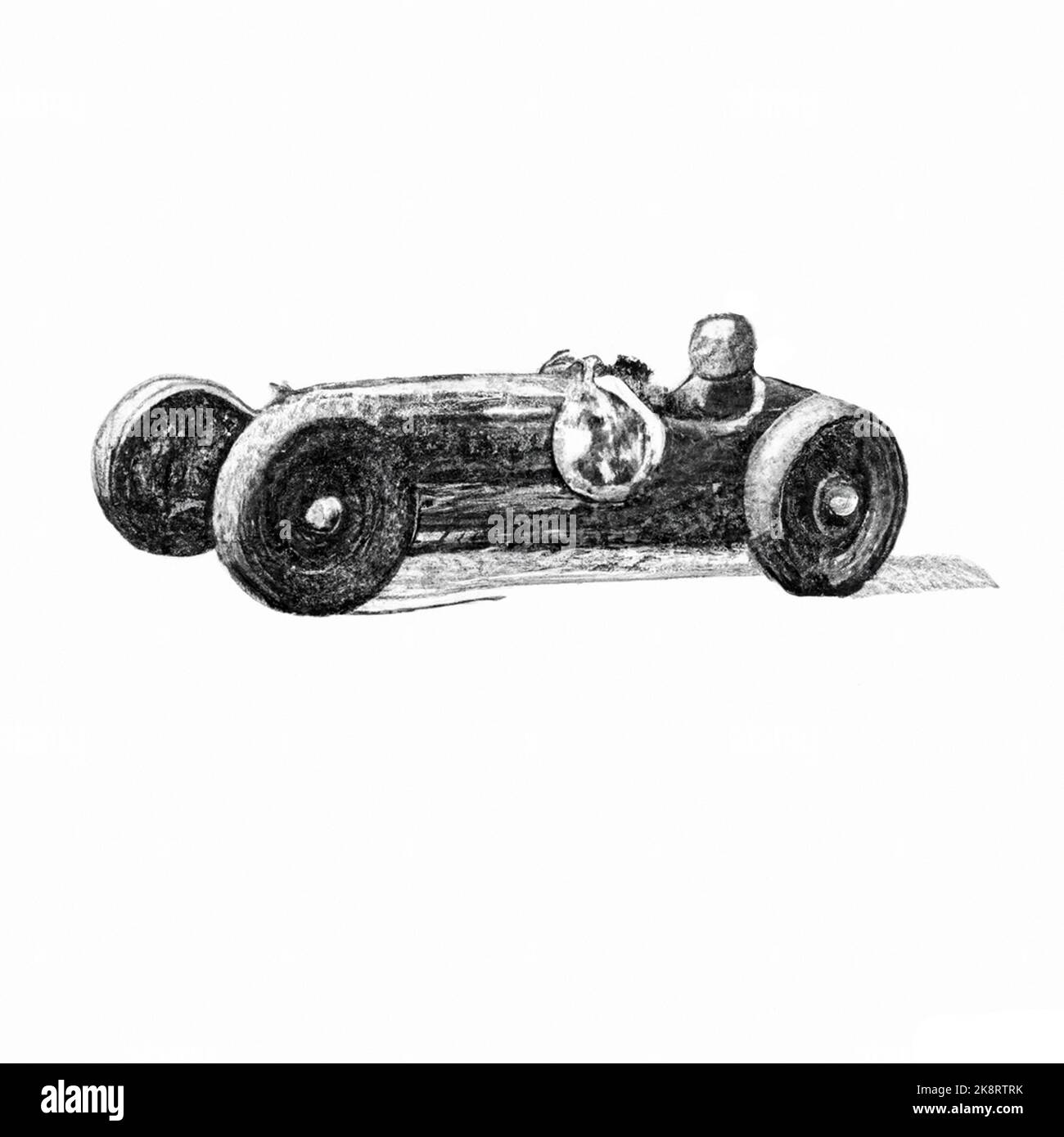 Hand drawn line art style of the 20 and 30s grand prix racing cars. Black and white, original art illustration of an open wheel race car stylized. Stock Photo