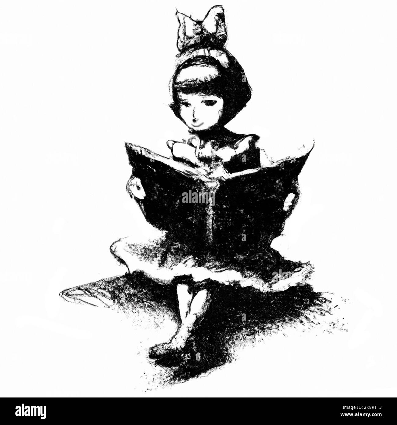 Young girl sitting with a large book, reading. Bow in her hair, black and white hand drawn illustration. Stock Photo