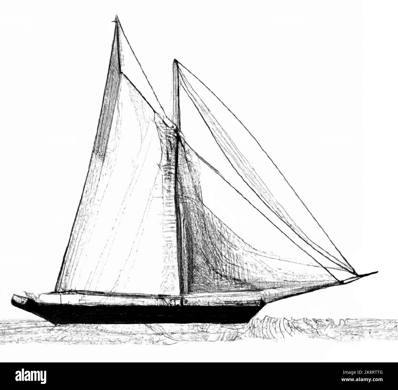 Sailboat line drawing original art work. Black and white scooner or cutter with two masts. Stock Photo
