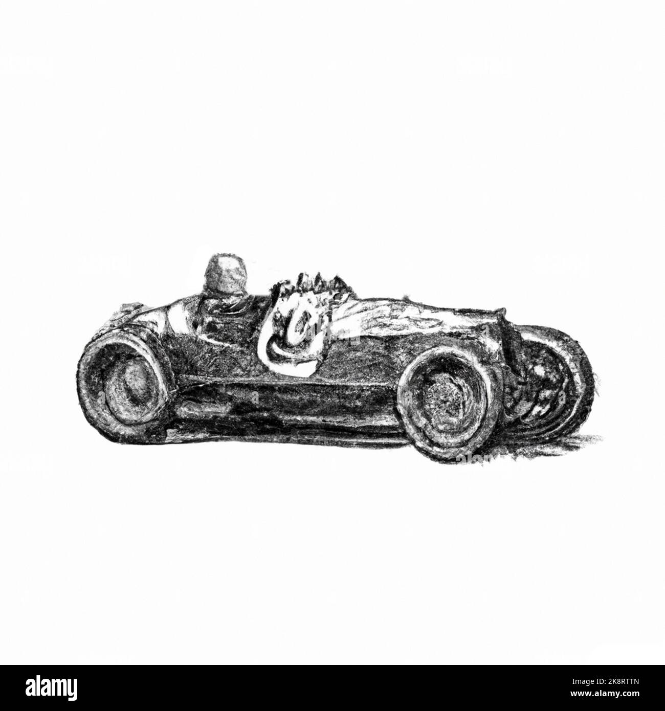 Hand drawn line art style of the 20 and 30s grand prix racing cars. Black and white, original art illustration of an open wheel race car stylized. Stock Photo