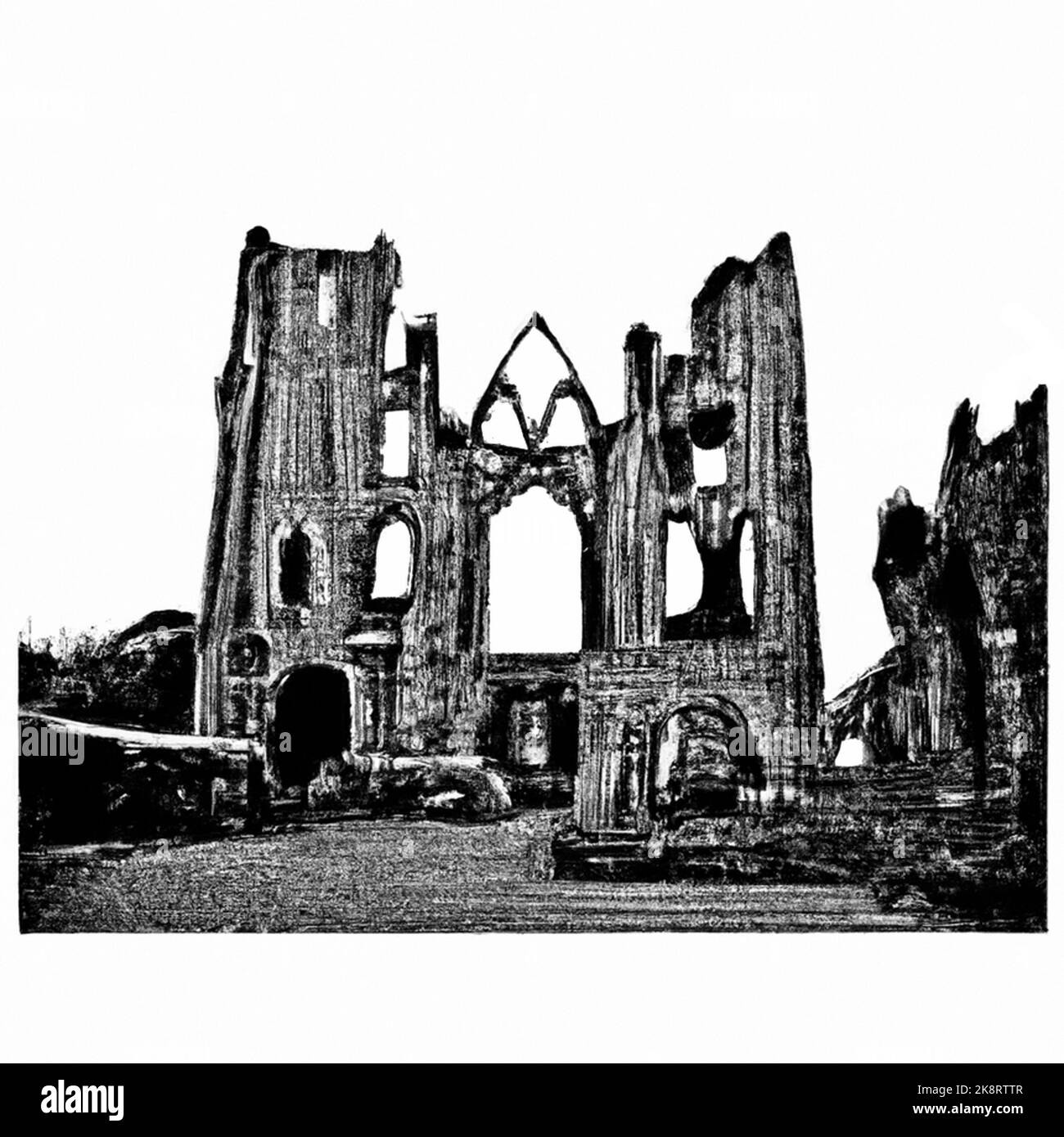 Ancient ruins from old church with towers and entrance. Black and white high contrast illustration. Stock Photo