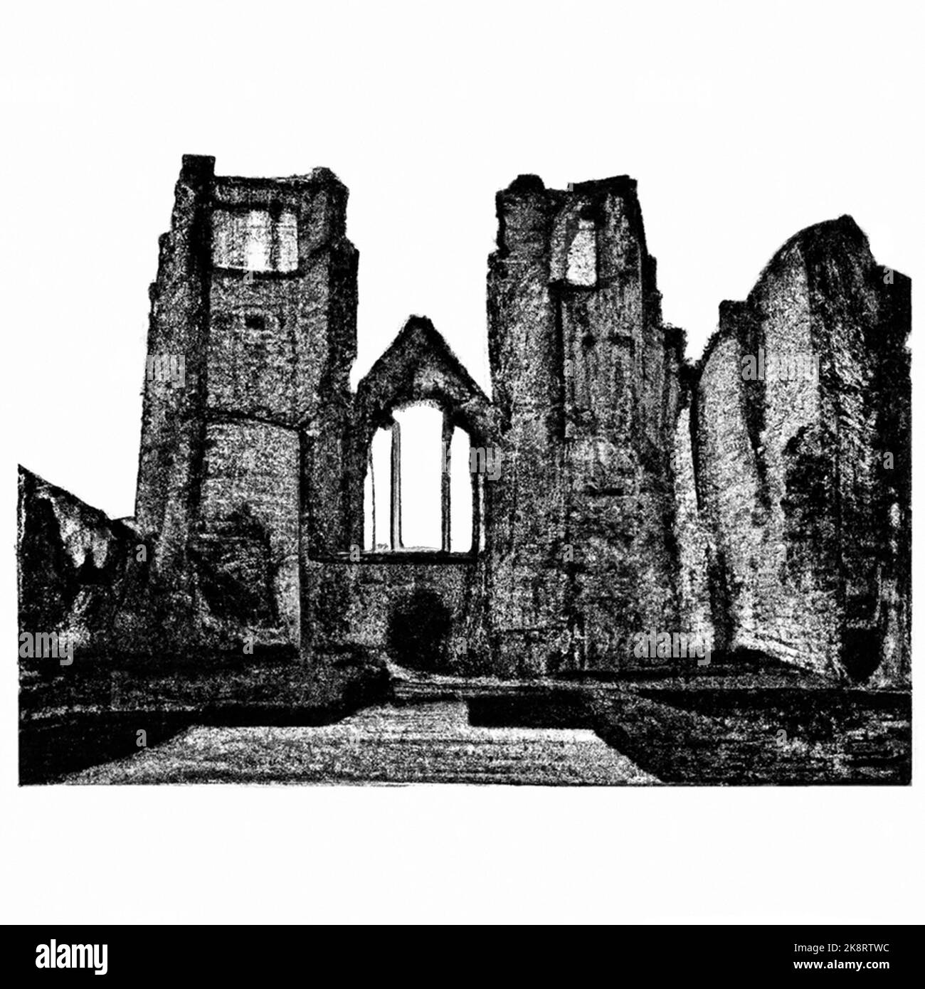 Ancient ruins from old church with towers and entrance. Black and white high contrast illustration. Stock Photo