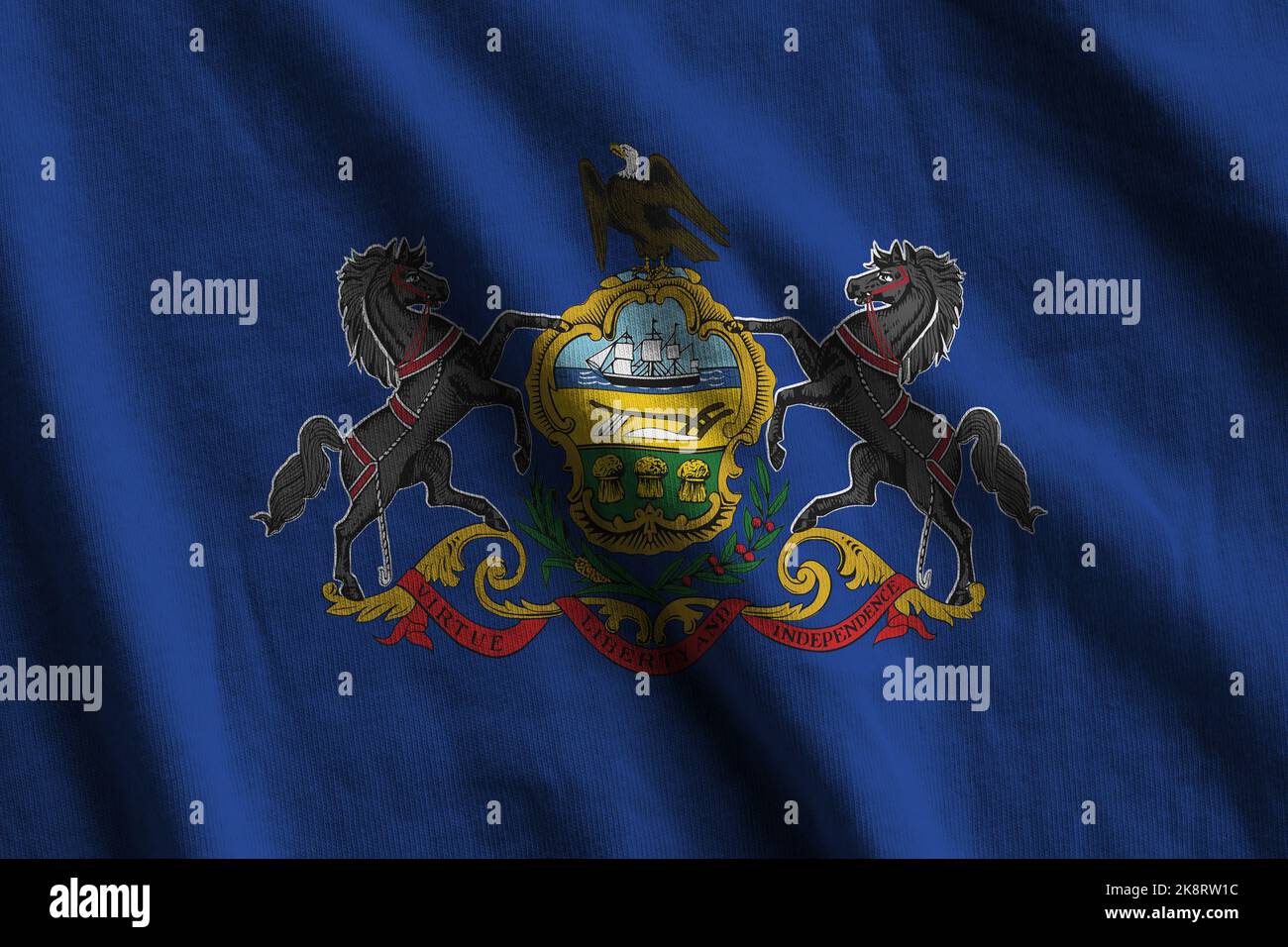 Pennsylvania US state flag with big folds waving close up under the