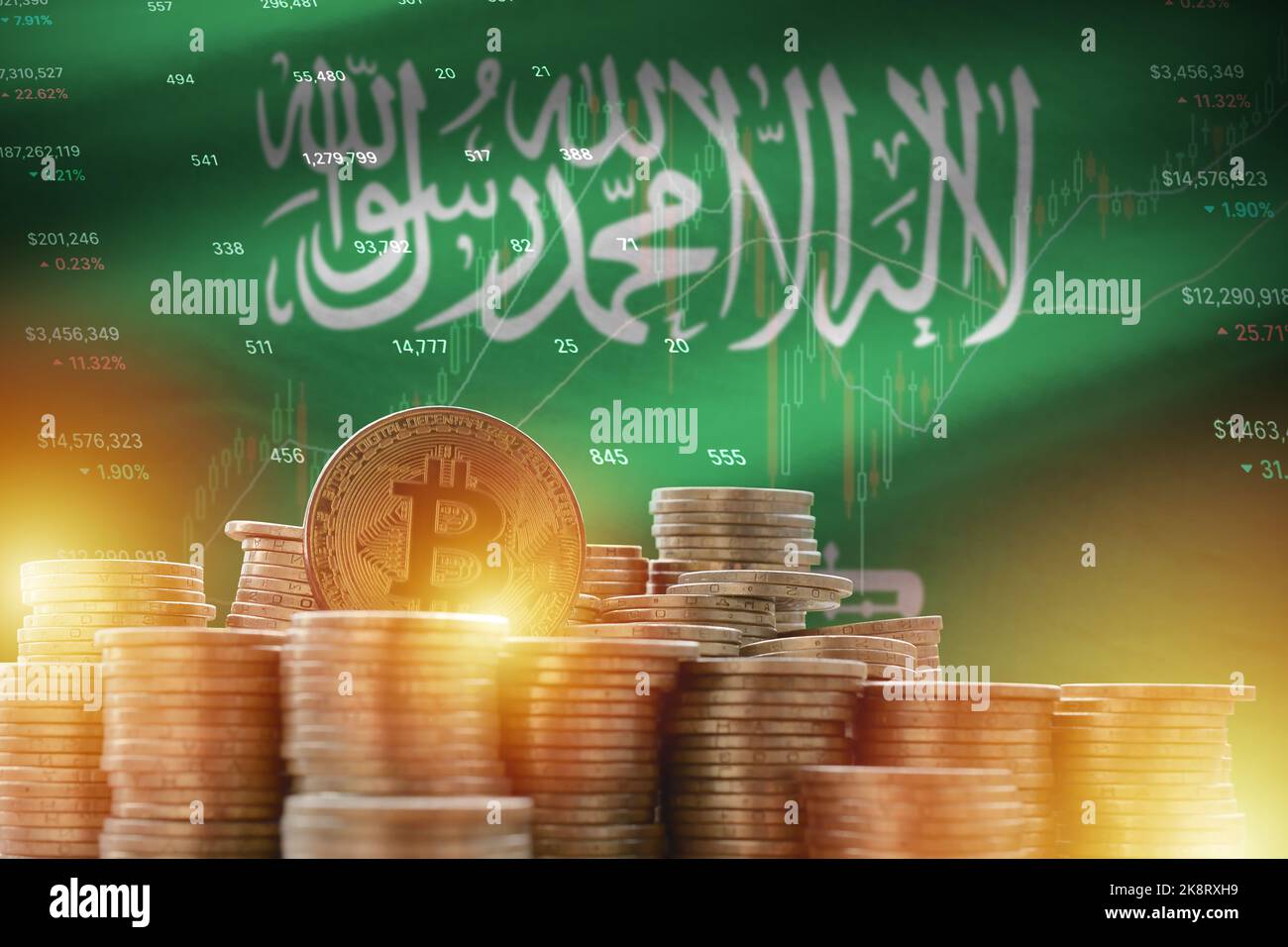 Saudi Arabia flag and big amount of golden bitcoin coins and trading  platform chart. Crypto currency concept Stock Photo - Alamy