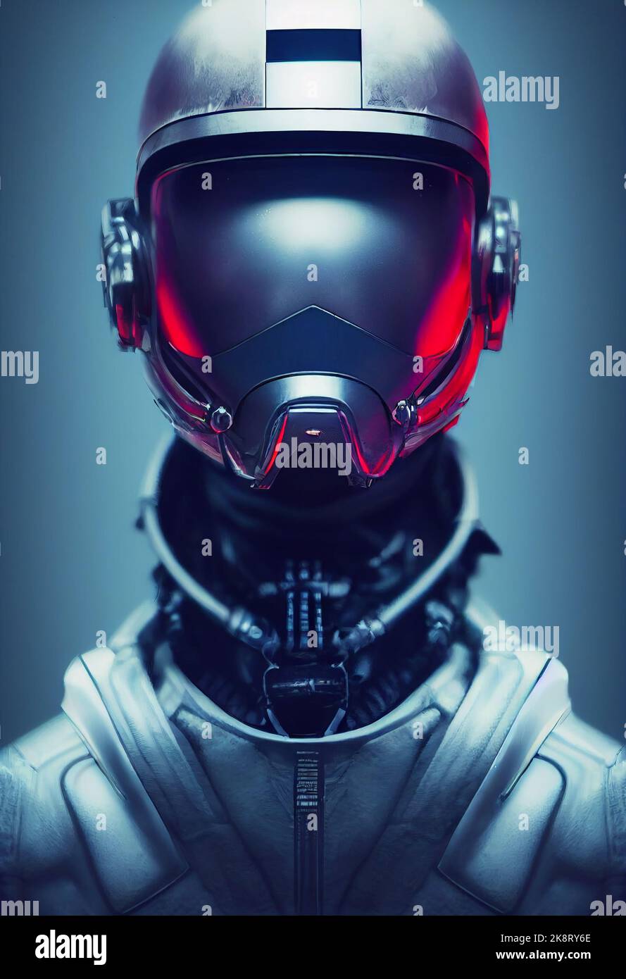 A vertical closeup of an alien illustration with a helmet, red neon ...