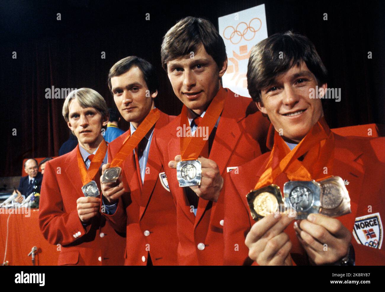 Sarajevo, Yugoslavia 1984-02. The Olympic Winter Games 1984. The picture: biathlon, 4x7.5 km men. The Norwegian team with its silver medals on February 17, 1984. Here from: Odd Lirhus, Kjell Søbak, Rolf Storsveen and Eirik Kvalfoss. Photo: Hans Due / NTB Stock Photo