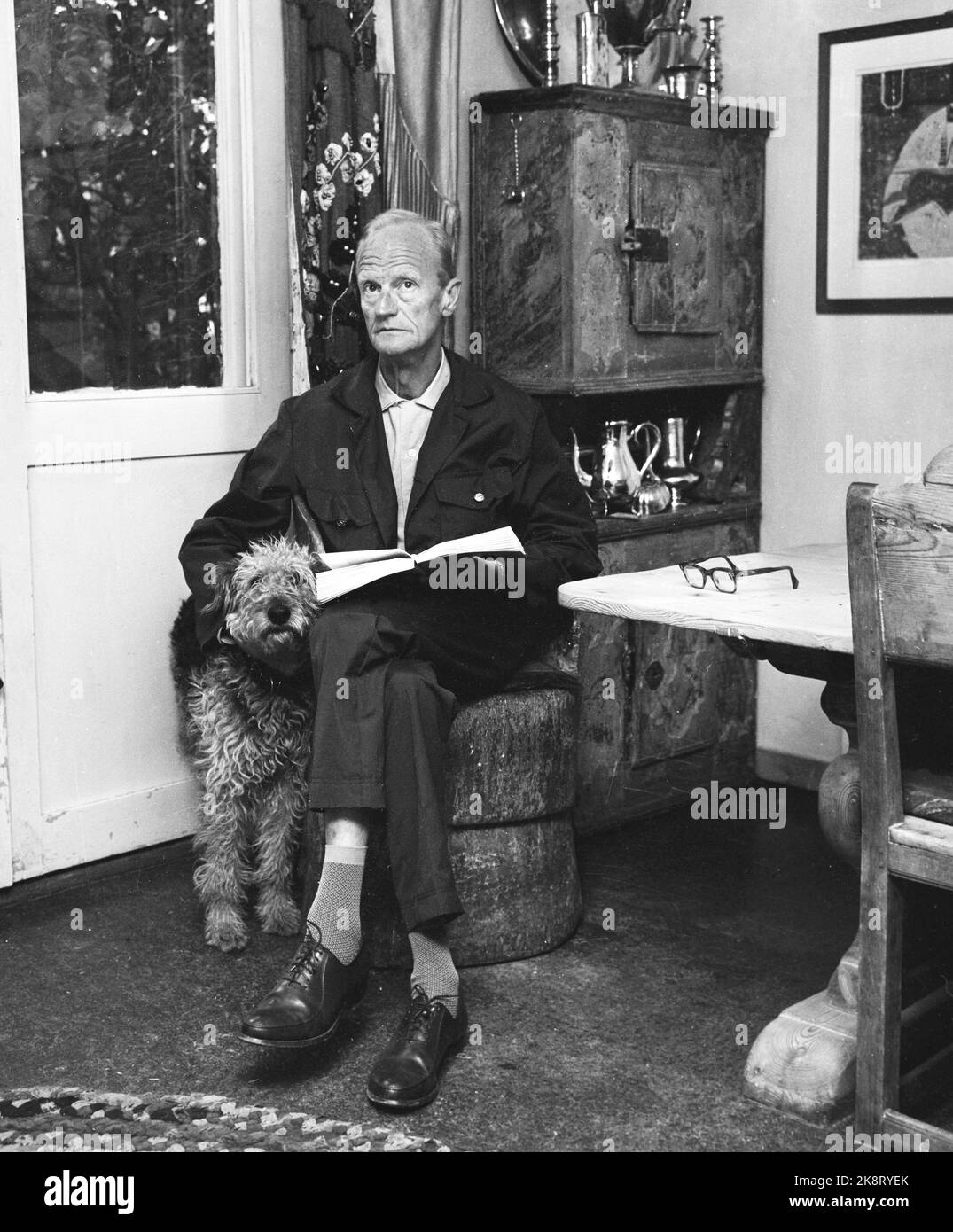 19640826. Author Johan Borgen reads a book with his dog in his home. Stock Photo: Henrik Laurvik / NTB Stock Photo