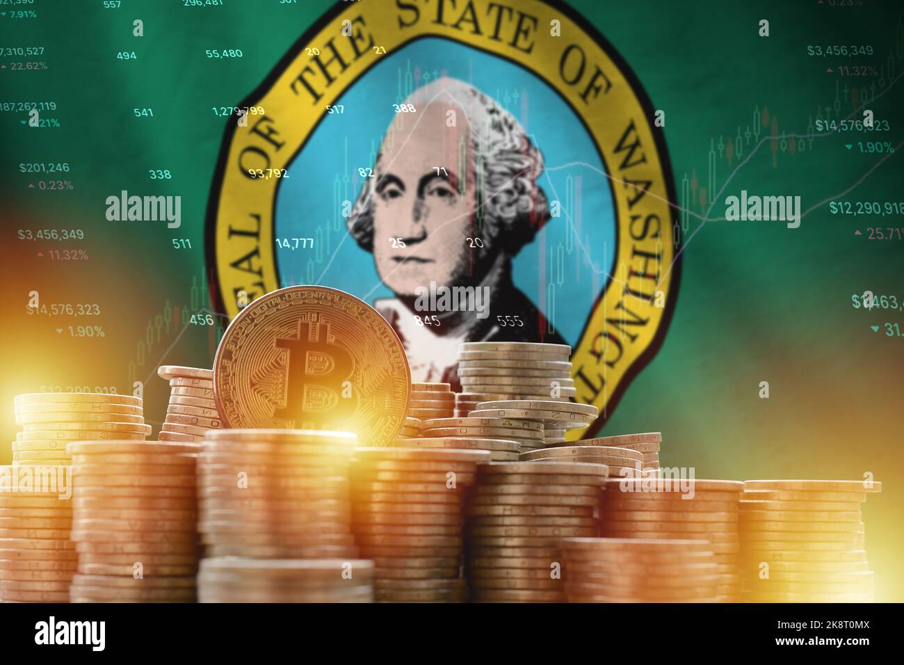 Washington US state flag and big amount of golden bitcoin coins and trading  platform chart. Crypto currency concept Stock Photo - Alamy