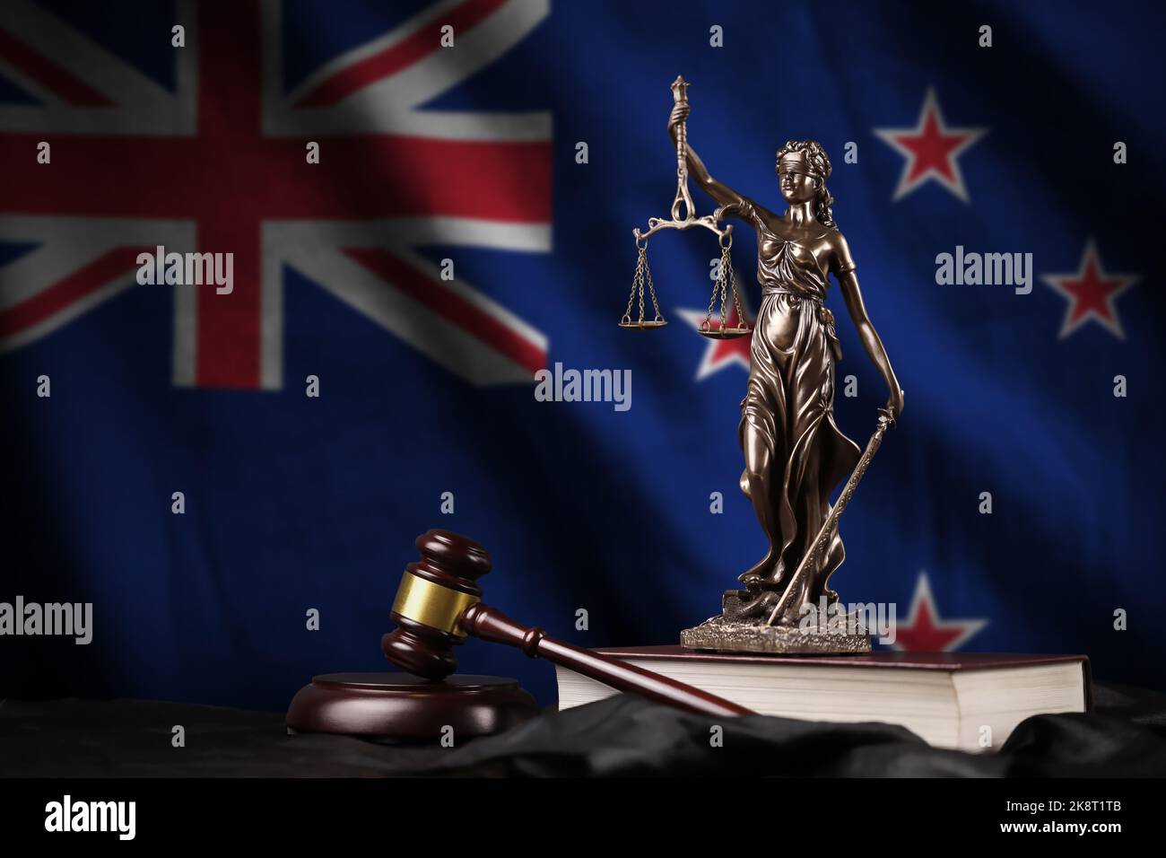 New Zealand flag with statue of lady justice, constitution and judge