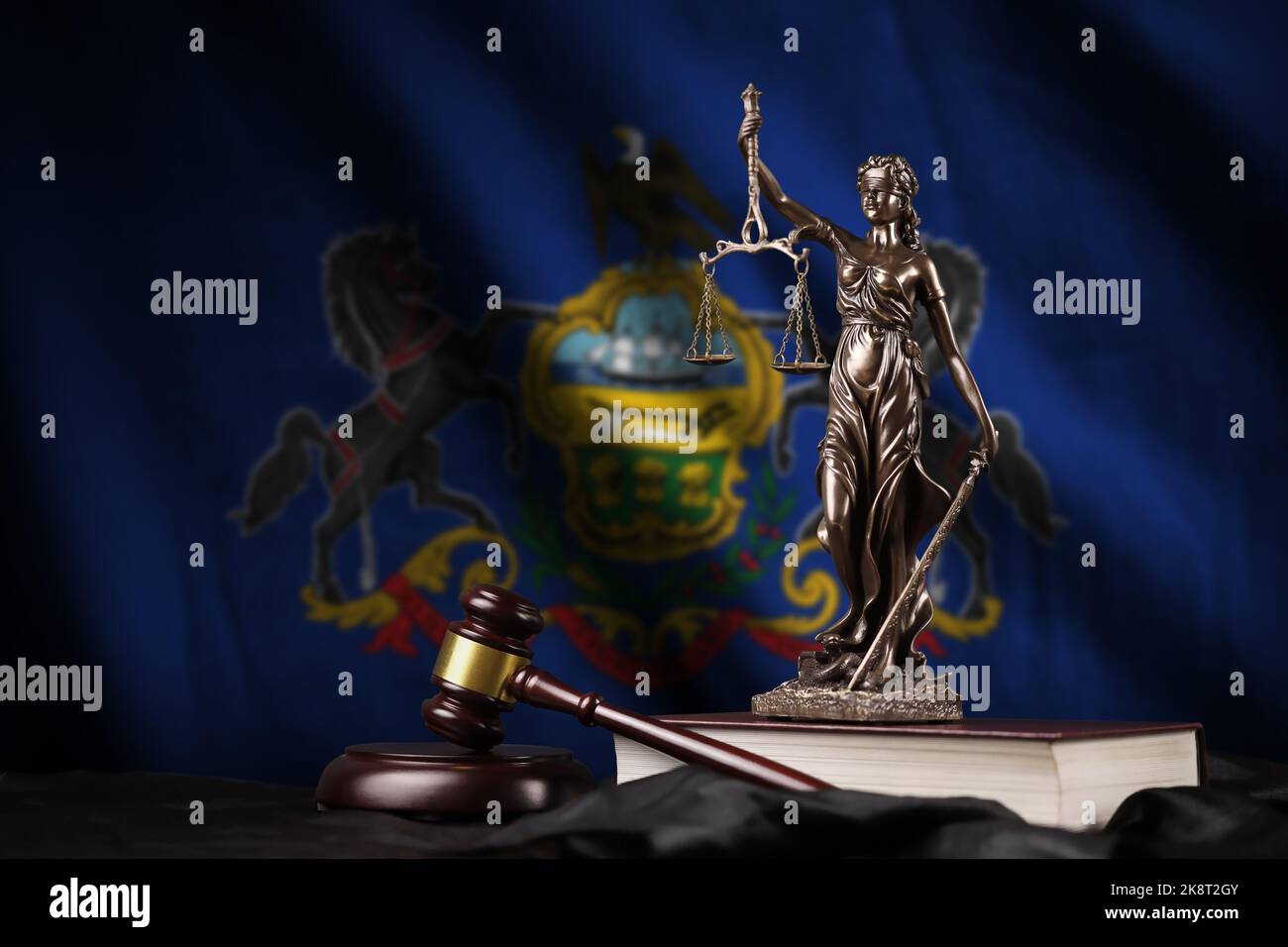Pennsylvania US state flag with statue of lady justice, constitution