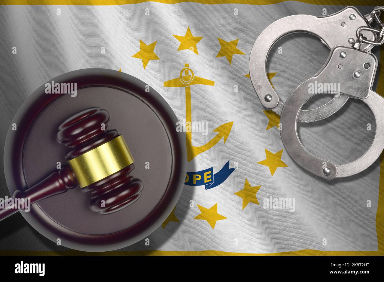 Rhode Island US state flag with judge mallet and handcuffs in dark room. Concept of criminal and punishment, background for guilty topics Stock Photo