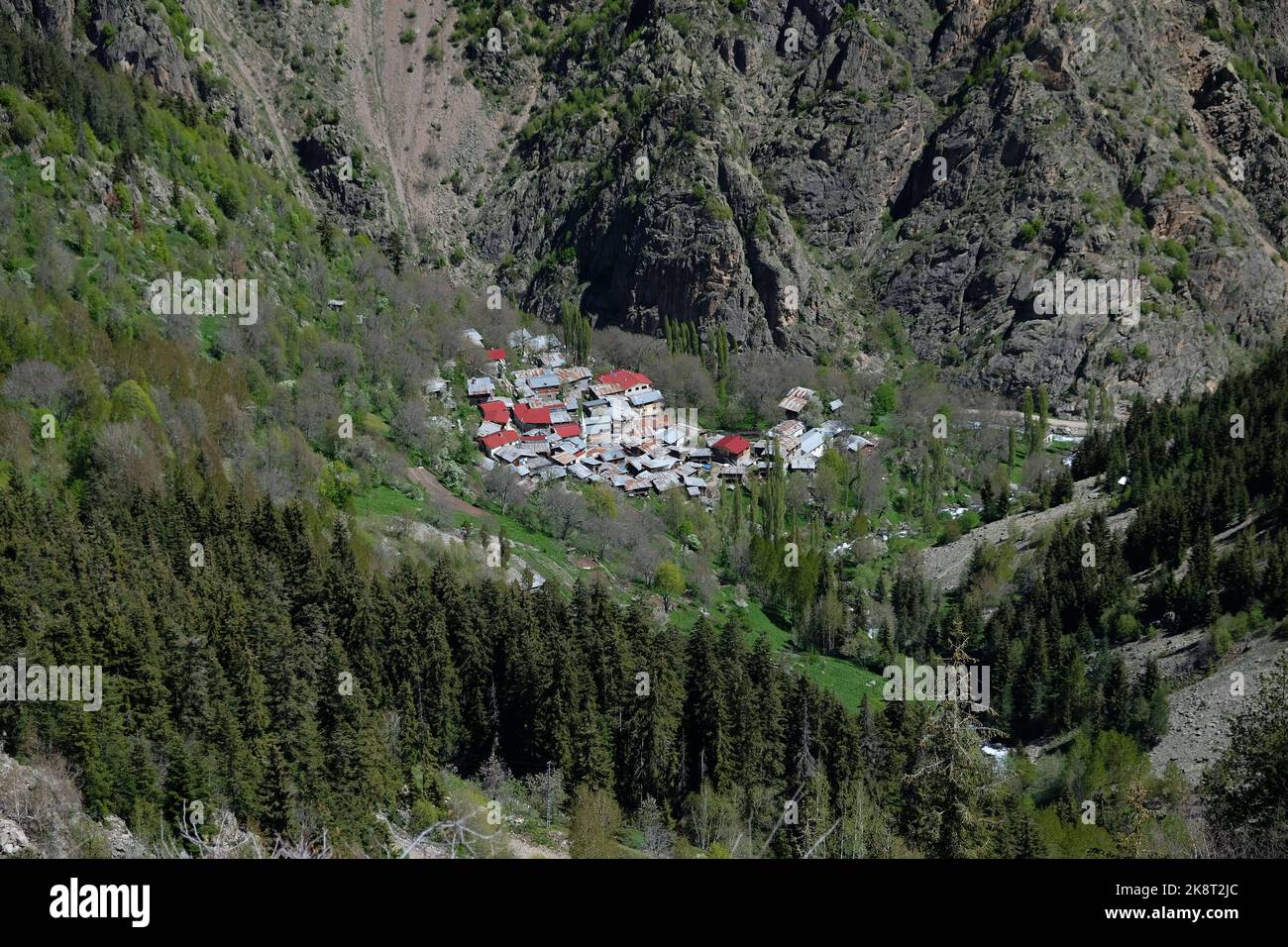 View of Mikelis Village from Sakora Plateau in Yusufel District of Artvin Province Stock Photo