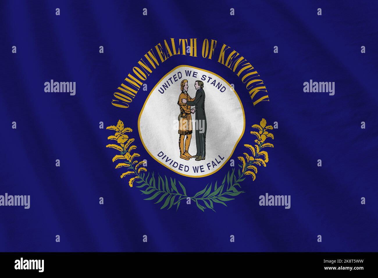 Kentucky US state flag with big folds waving close up under the studio light indoors. The official symbols and colors in fabric banner Stock Photo