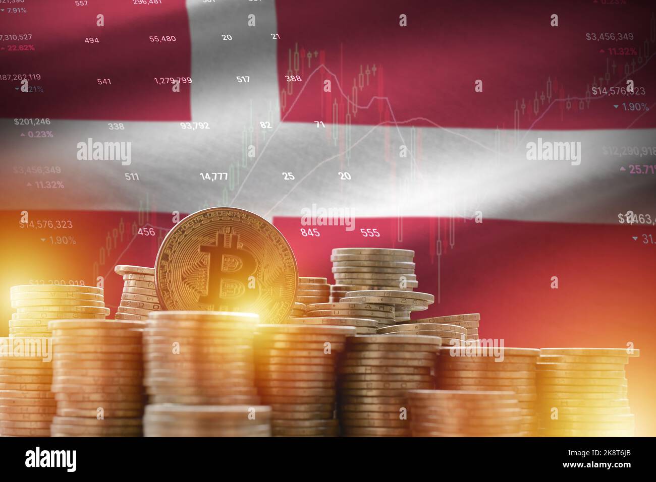 Denmark flag and big amount of golden bitcoin coins and trading platform  chart. Crypto currency concept Stock Photo - Alamy