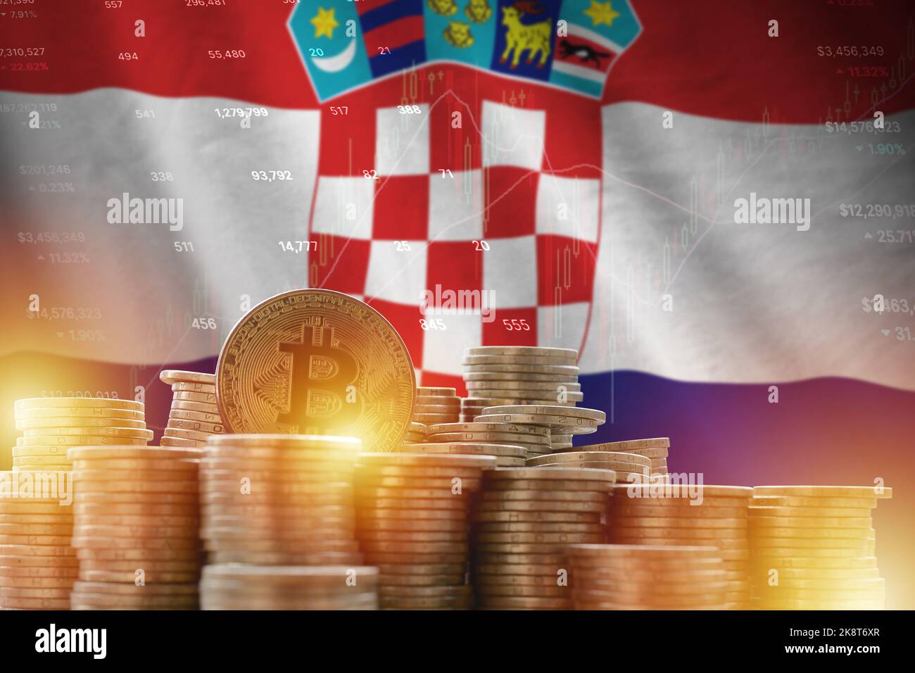 Croatia flag and big amount of golden bitcoin coins and trading platform  chart. Crypto currency concept Stock Photo - Alamy